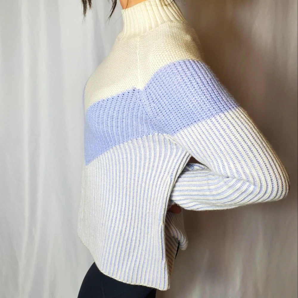 Anthropologie Rue and Willow Cream, Periwinkle Striped Mockneck Cashmere Sweater - Picture 5 of 10